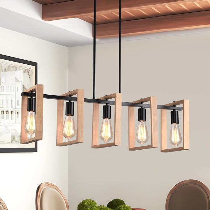 Kitchen Island Lighting Hanging for Farmhouse Linear Chandeliers,Modern Chandelier Over Table, Matte Black Rustic Wood Ceiling Pendant Light,Dining Room Hanging Light Rustic Wood