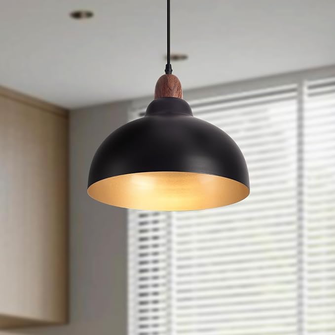 Black Pendant Light, 11.8" Farmhouse Black and Wood Hanging Pendant Lights Kitchen Island, Vintage Pendant Light Fixture Large Dome Chandelier for Kitchen Island, Dining Room