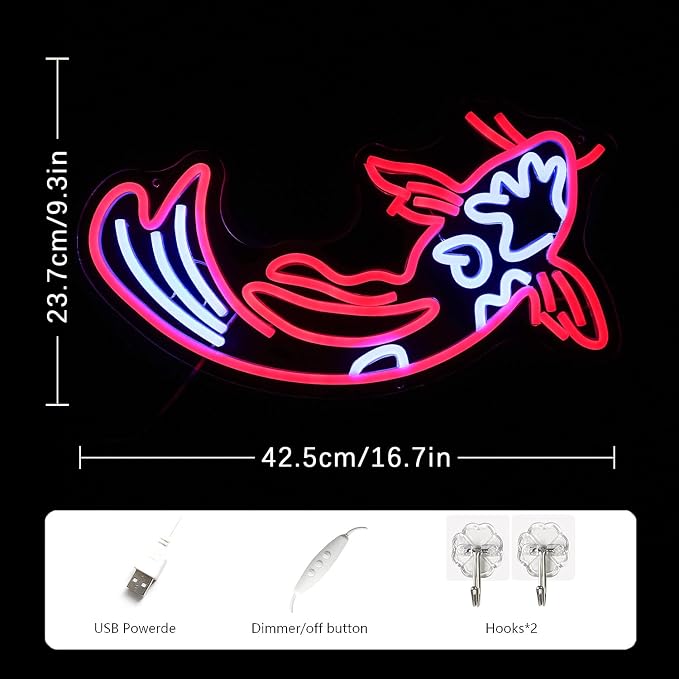 Koi Neon Sign - Japanese Fish Led Neon Lights - Red & Blue - Lucky Fish Signs for Wall Decor - 17'x9.5' with USB/Switch for Bar, Restaurant, Office, Living Room