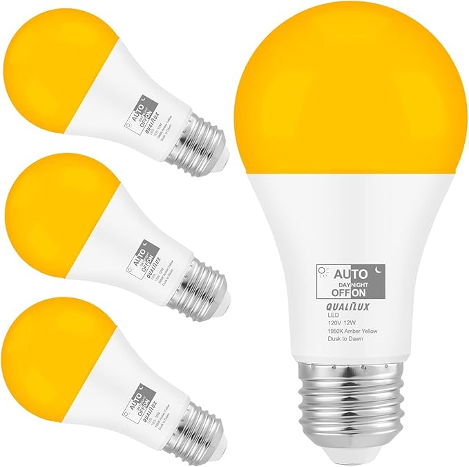 Dusk to Dawn Light Bulbs, Auto On/Off Light Sensing LED Bulbs Outdoor, Amber Yellow Bug Light, A19 4-Pack, 12W 800LM 60W Equivalent, HQ-H020