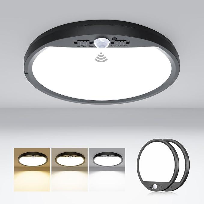 hepside 2 Pack Motion Sensor Ceiling Light Wired, 3000K/4000K/6500K LED Flush Mount Ceiling Light Fixture, 7Inch 15W Motion Sensor Light with Timer for Closet Stair Porch Hallway Pantry,Black