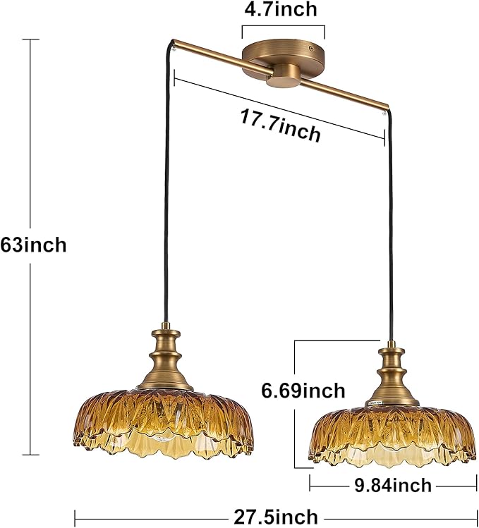 HDDFL Vintage Pendant Lighting Fixtures Modern Glass Hanging Lamp with Adjustable Cord for Kitchen Island Dining Room Hallway 2 Light Brass and Amber