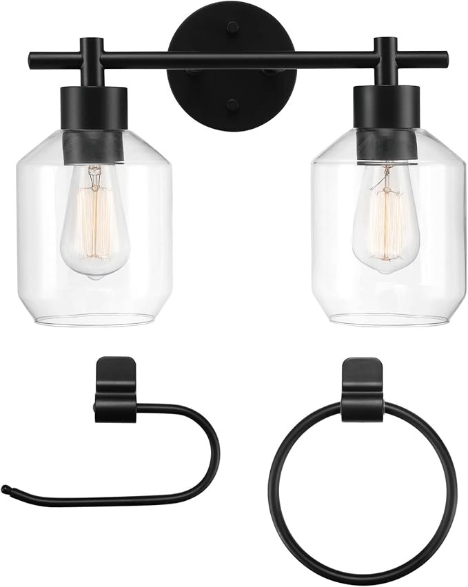 Globe Electric 3-Piece Powder Room Set, Matte Black, 2-Light Vanity with Clear Glass Shades and Matching Hardware, 51850