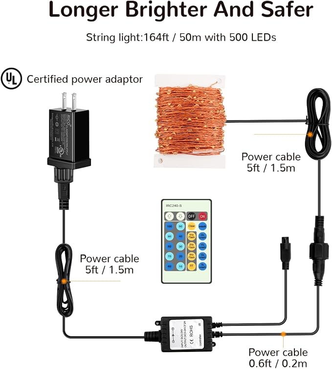 LED String Lights, 164ft 500 LED Fairy Lights Plug in, Dimmable Outdoor Tree Lights, UL-Listed Warm White Copper String Lights Remote Control for Wedding Christmas Decor