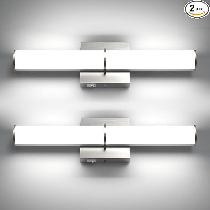 17.3" Modern Vanity Light Fixture with Switch, 12W 5000K Led Bathroom Light Fixture Over Mirror, Hardwired, Brushed Nickel 1200LM Vanity Light Bar for Mirror Bedroom Hallway Living Room 2Pack
