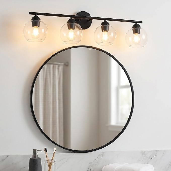4 Light Bathroom Vanity Light, Black Vanity Light with Globe Glass Shades, Farmhouse Bathroom Light Fixtures Over Mirror, Modern Wall Light Fixture for Bedroom Hallway, E26 Socket