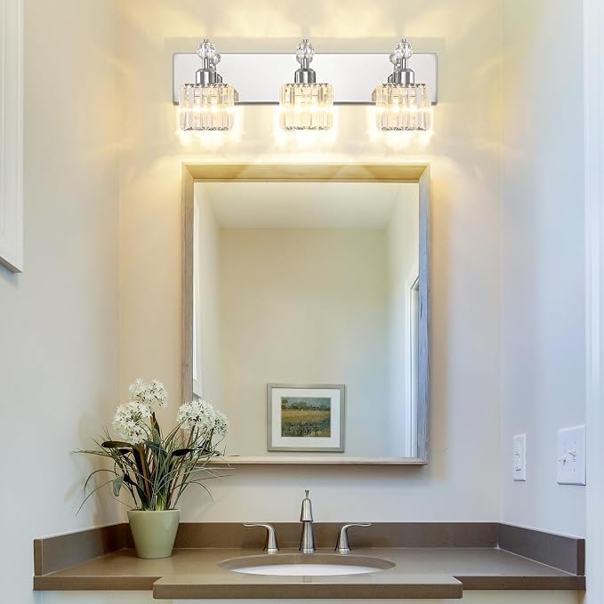 PRESDE Crystal 3-Light Vanity Light for Bathroom，Chrom Modern Bathroom Lights Fixtures Over Mirror