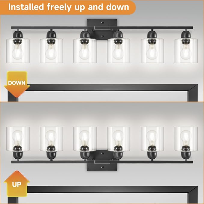 Black 6-Light Bath Vanity Lights for Mirror, Restroom Lights Fixtures with with Clear Glass Shades,Bathroom Over Sink Light Fixtures, Bathroom Light Fixtures Over Mirror