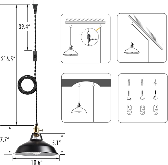 YUBOLE Indsutrial Black Plug in Hanging Lights with 216.5" L Cord | Black & White 10.6"W Shade, E26 Swag Pendant Light with Switch for Kitchen Bedroom Dining Bar Reataurant Cafe Loft