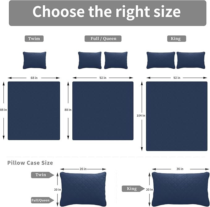 Easy-Going California King Size Reversible Quilt Set with 1 Quilt and 2 Pillow Shams, Soft Bed Quilt Cover, Water Resistant Lightweight Microfiber Bedspread, Stain Resistant, Dark Blue/Light Blue