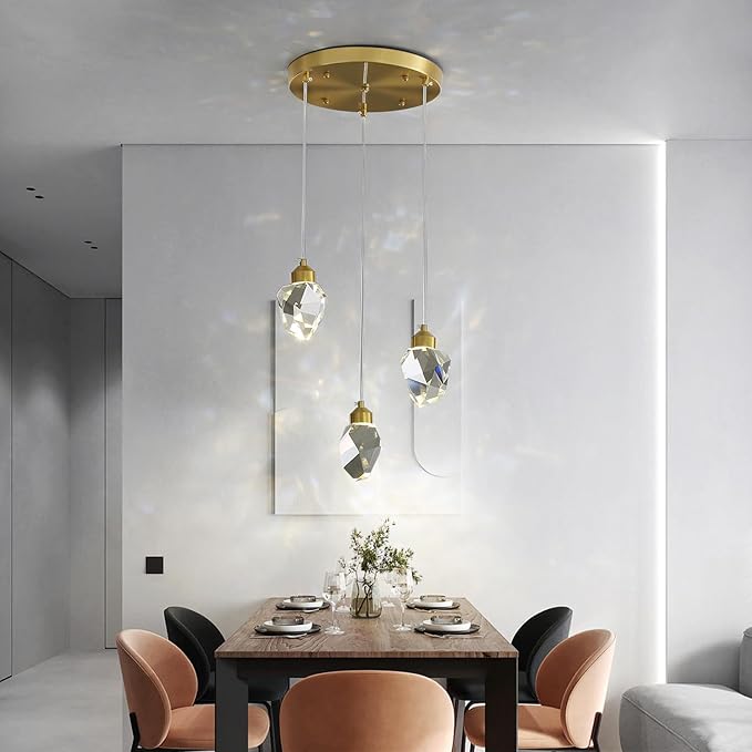 Modern Crystal Pendant Light, 3-Color LED Crystal Pendant Lamp, Adjustable Height Gold Ceiling Hanging Lamp, for Kitchen Island Dining Room Living Room Decor Lighting (3-Head Round Base)