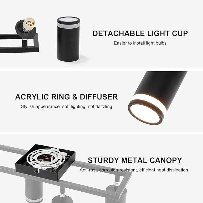 4-Light Track Lighting Fixtures Ceiling, GU10 Black Led Ceiling Spotlight, Modern Track Light Kit for Kitchen Hallway Bedroom Living Room