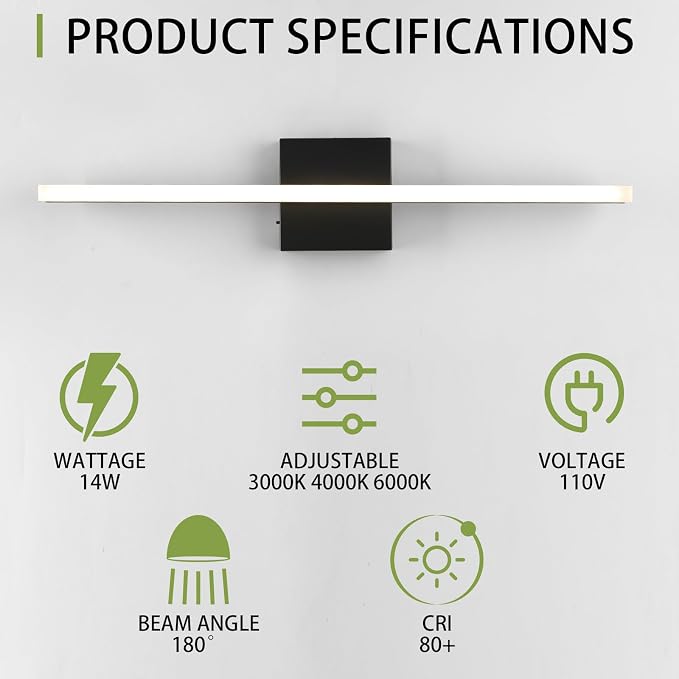 24 Inch LED Bathroom Vanity Light, 3-Color Selectable 3000K-6000K, IP44 Waterproof Wall Sconce for Makeup Mirror, Modern Black Vanity Lighting for Bathroom & Bedroom