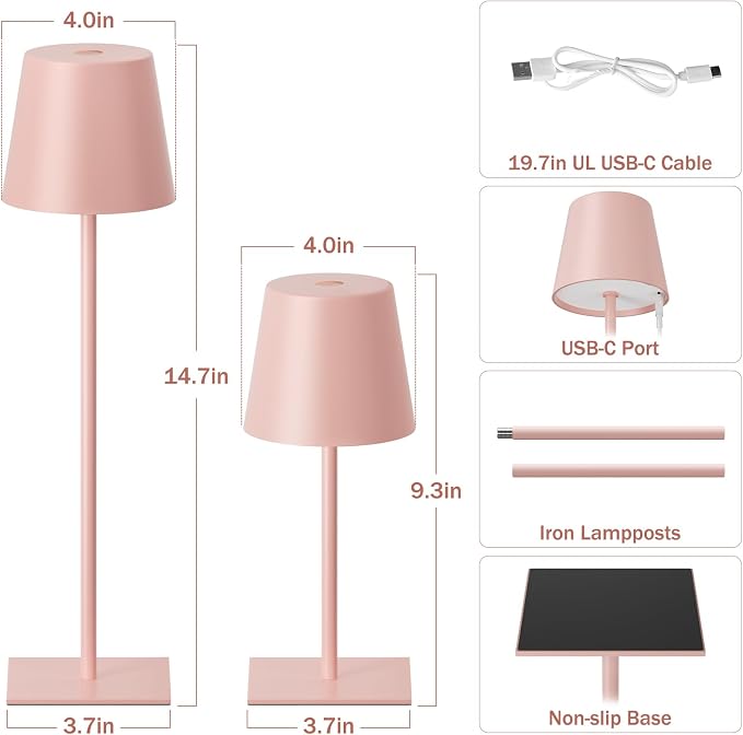 Kakanuo Pink Cordless Rechargeable Table Lamp, 2 Pack Portable Desk Lamp with 5000mAh Battery, Touch Control Stepless Dimming, Wireless Night Light for Dining, Outdoor Camping