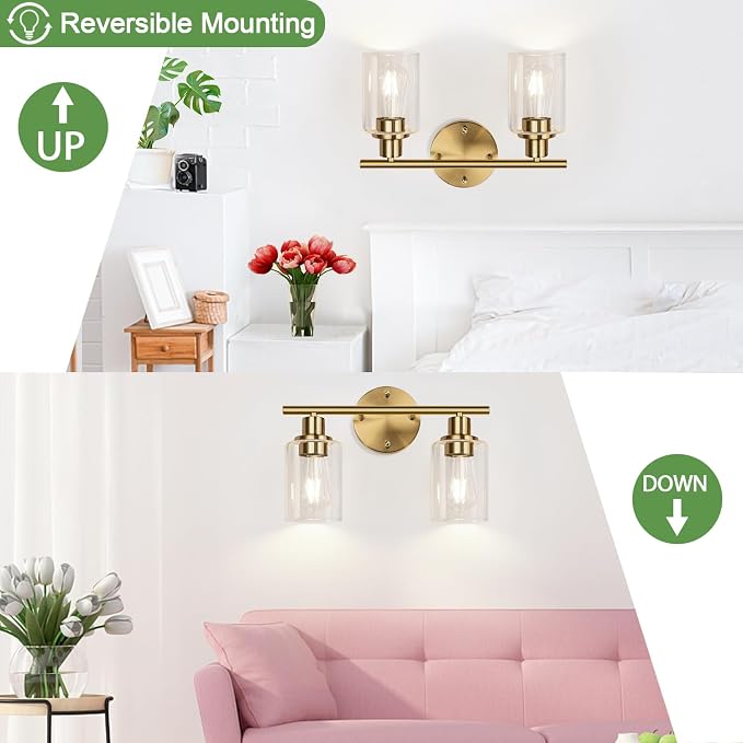 Zarbitta 2-Light Bathroom Light Fixtures, Brushed Gold Vanity Light, Modern Vanity Lights with Clear Glass Shade, Bathroom Wall Lamp for Mirror Kitchen Living Room Hallway Cabinet Porch