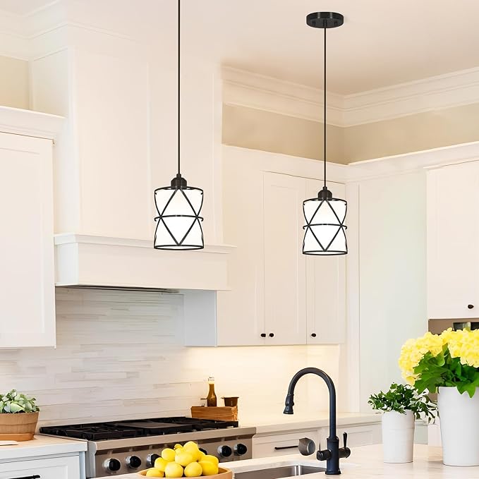 Modern Black Pendant Lights Kitchen Island 2 Pack, Farmhouse Frosted Glass Cylinder Pendant Light Fixture,Island Lights for Kitchen,Pendant Lighting for Home Decor - 5.51 Inch Shade 59.06 Inch Cord