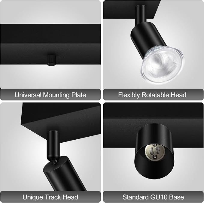 AUQUEE Plug in Track Light, 23", Black, 4 Way GU10 Wall Spotlight | Track Ceiling Lighting Fixtures, Rotatable Track Head, LED Wall Light for Kitchen Cabinet Gallery Bar Hallway Living Room