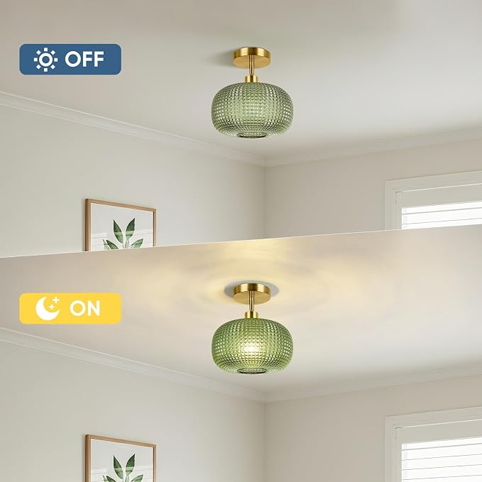 ROTTOGOON Semi Flush Mount Ceiling Light, Adjustable Hanging Gold Sloped Ceiling Lights with Green Glass Shade Vintage Hallway Light Fixtures for Kitchen Bathroom Entryway Bedroom (Bulb Not Included)