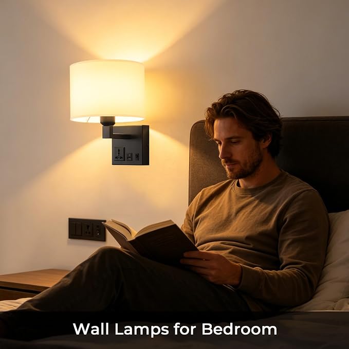 Plug in Wall Sconce, Wall Lamp with Black Base Cylindrical Shape | Wall Lamps for Bedroom Living Room Hotel, Dimmable 1pcs Bulb Included, Bedside Lamp with AC Outlet & USBA+C Charging Port