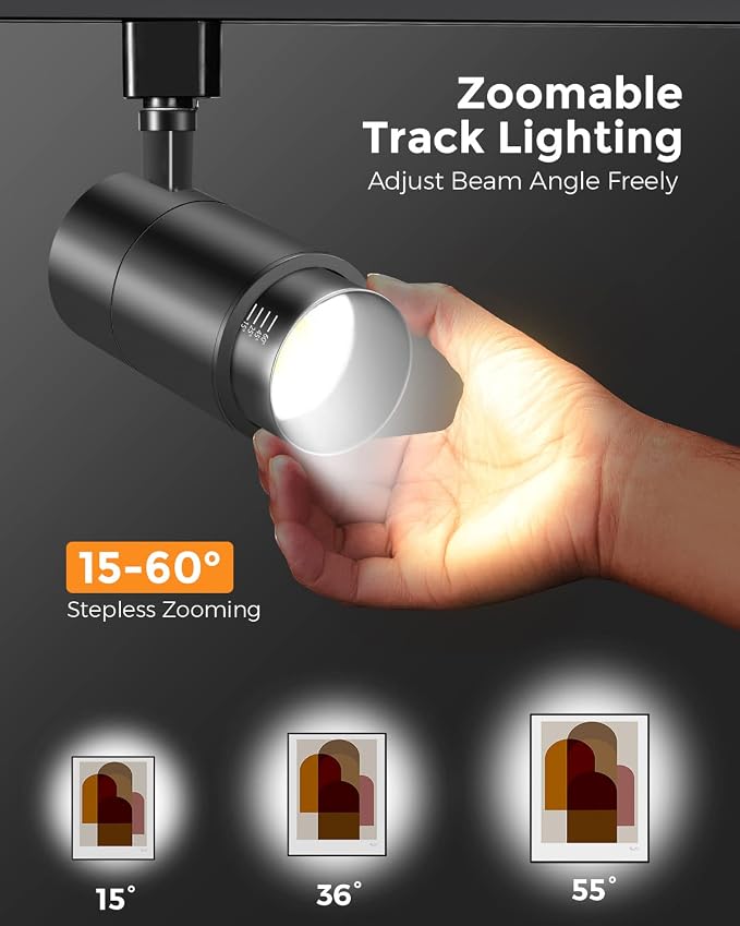 VANoopee 3-Color Zoomable 20W LED Track Lighting Heads H Type, Black 4 Pack | Track Light Heads Dimmable Bright Ceiling Spotlight Fixtures Accent Art, 3000K 4000K 5000K Adjustable, CRI90+ 15°-60°, 2000lm