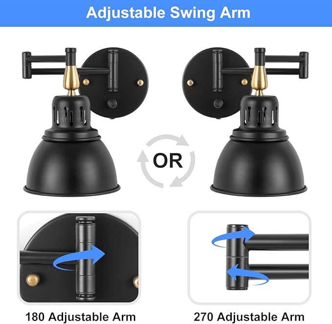 TRLIFE Dimmable Swing Arm Wall Lights with Plug in Cord Wall Mounted Light Industrial Wall Sconce , E26 Base, UL Listed(1 Pack)