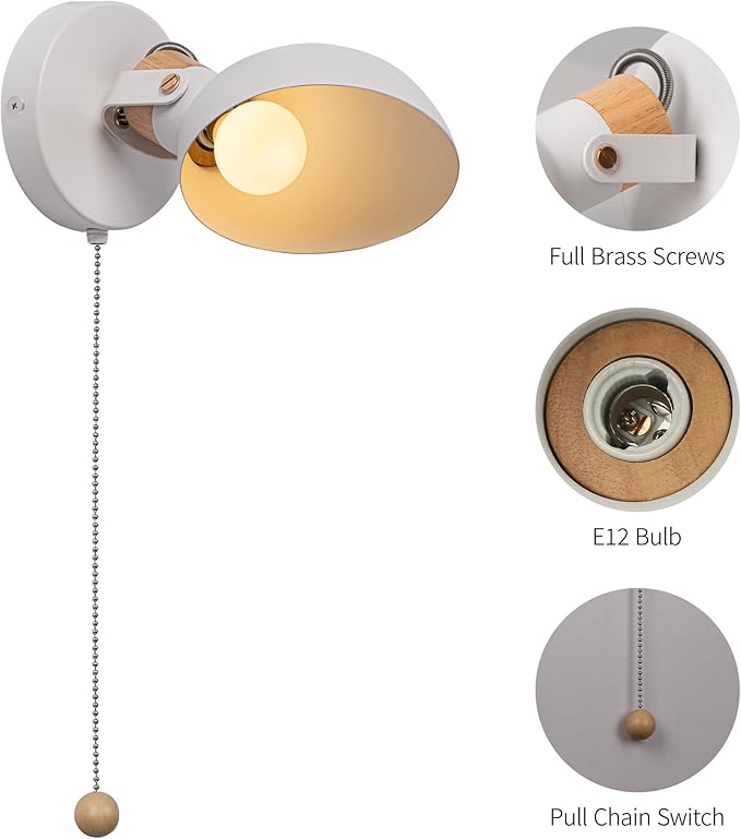 Aisilan LED Wall Sconce with Pull Chain, Adjustable Indoor Wall Light for E12 5W Bulb, Matte White 3000K Wall Mounted Lighting for Living Room, Bedroom, Hallway