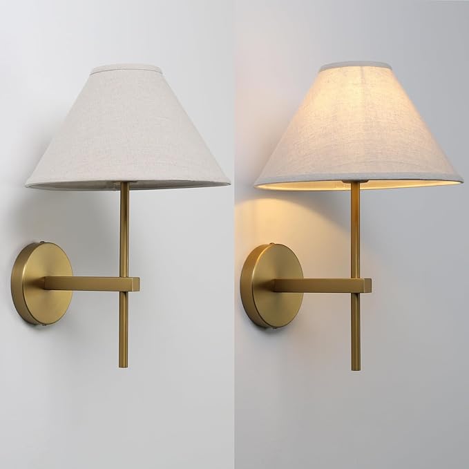 Pathson Hardwired Linen Wall Sconce Big Cone Fabric Lampshade, Vintage Wall Vanity Light Fixture Upwards Install, Indoor Bedside Lamp Victorian Decor for Living Room, Stairwell, Fireplace, Foyer