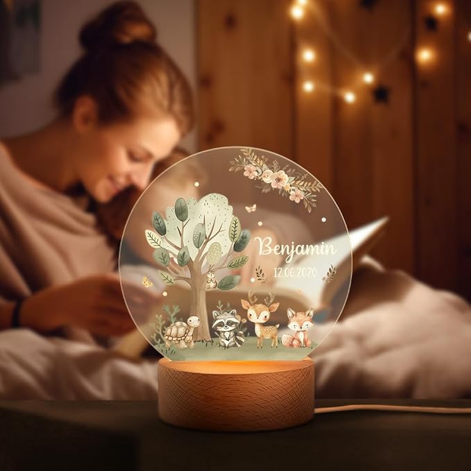 Personalized Forest Animal Night Light for Kids, Custom Name and Text Led Nightlight Nursery Decor Gift for Kids