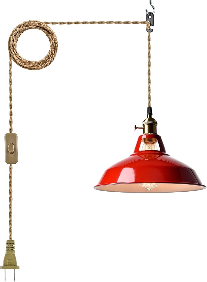 YUBOLE Plug-in Pendant Light Vintage Red Barn Shade-10.06" W with Switch | Flexible Hanging Light, Adjutable 216.5"L Cord with On-Off Switch Swag Lamp for Kitchen Bar Dining Foyer Cafe Bedroom