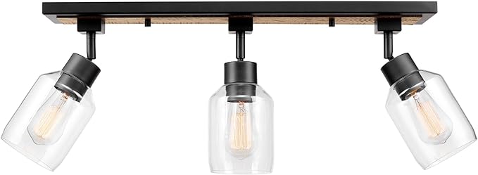 Globe Electric 59798 3-Light Track Lighting, Wood Toned and Matte Black Finish, 25 inch, Clear Glass Shades, Adjustable Heads, E26 Base, Dimmable, Rustic Modern Style