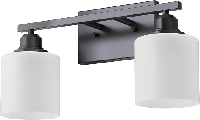 Modern Bathroom Lights - 2-Light Vanity Fixtures with Milky White Glass Shades, Anti-Rust Matte Black Finish, E26 Base