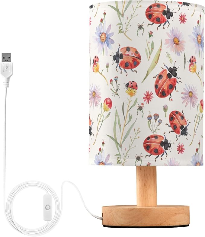 Ladybug Flowers Botanical Table Lamp for Bedroom USB Port Lamps Small Accent Table Lamp Nightstand Lamp Study Linen Shade with Wooden Base, Decorative Lamps for Bedside Reading|Kids|Dorm|Home