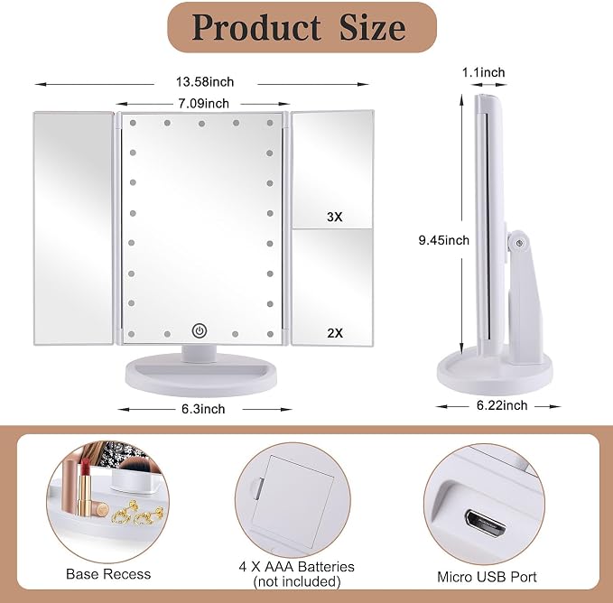 Infitrans Trifold Makeup Mirror Vanity Mirror with Lights,1X 2X 3X Magnification,Touch Control,Adjustable Rotation,Dual Power Supply,Portable Travel Cosmetic Mirror,Birthday Gifts for Women,Teengirls