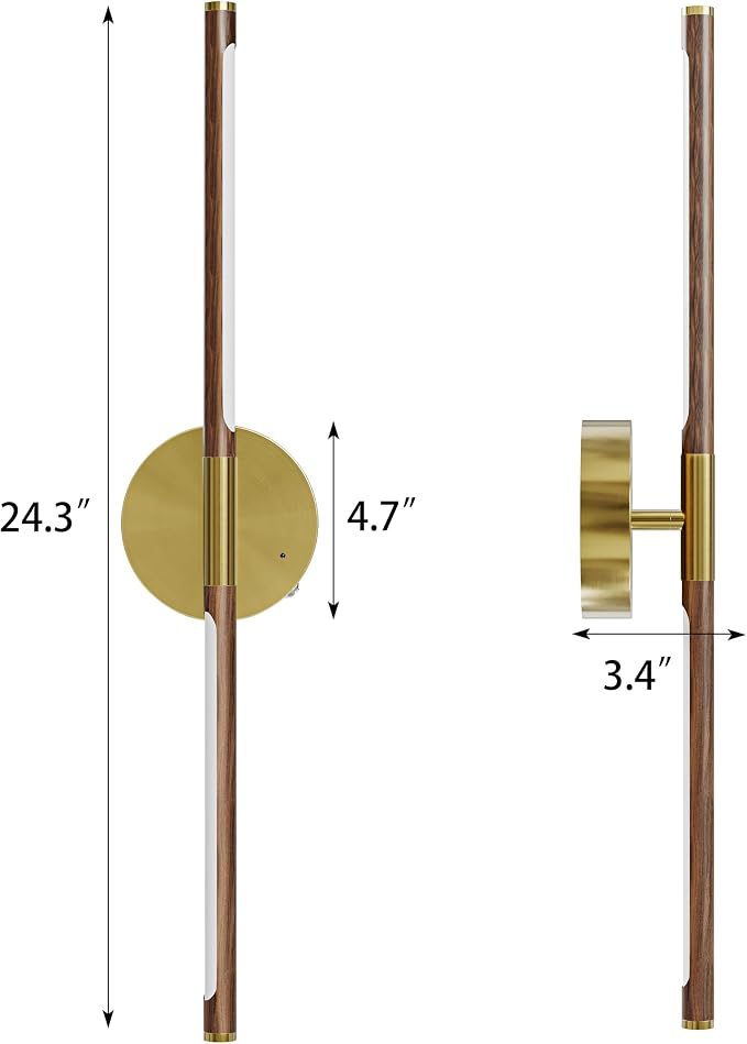 24" Battery Operated Wall Sconce Set of 2, 350° Rotating Lamp, Walnut Gold | Wireless, 8000mAh Rechargeable Battery, Stepless Dimming, 3000K-6000K, Remote & Touch Control, Timer, Living Room, Bedroom