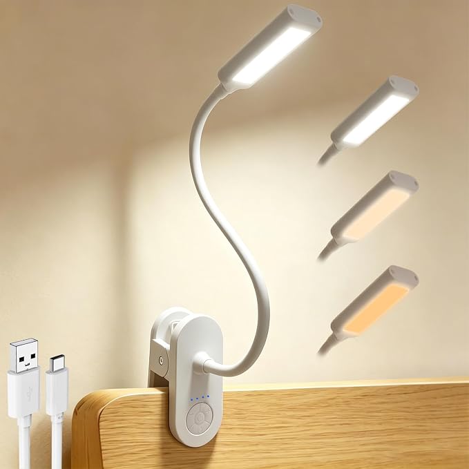 Clip on Light, Desk Lamp with Clamp for Bed, Home Office, Craft (White) | Cordless LED Reading Light with 3500mAh Rechargeable Battery, 3 Color Modes, 10 Brightness Levels, 14-inch Adjustable Neck