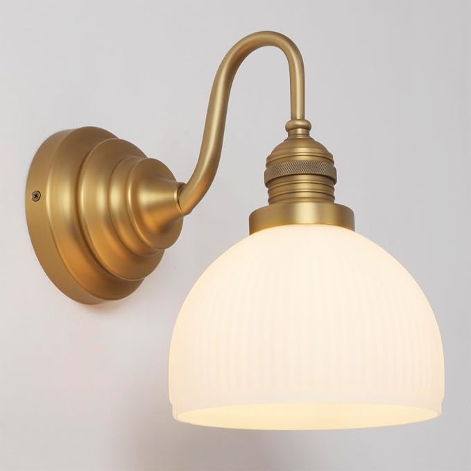Brass Gold Wall Sconce Vintage Milk Glass Bathroom Vanity Light | Bathroom Wall Sconces,Antique Brass,Thick Half-Round Glass Shade,Hardwired,E26 Base,for Bathroom Mirror Hallway Kitchen