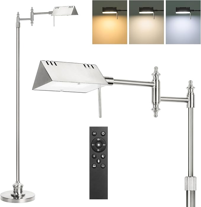 Bairth Brushed Nickel Reading Floor Lamp, Dimmable Pharmacy Standing Lamp | 3 Color Temperature, Dimmable, 17W LED, Height Adjustable, 360°Swing Arm, for Living Room, Bedroom, Office, Craft & Sewing