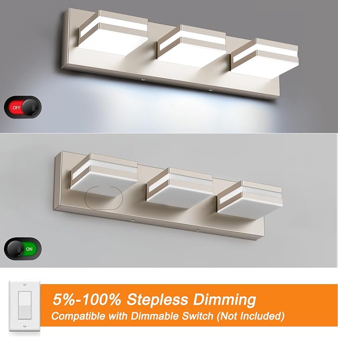 Bathroom Lights Fixtures Over Mirror, 360°Rotate Modern LED Vanity Lights for Bathroom, Dimmable & High CRI Acrylic Wall Lighting, No Assembly Required (Brushed Nickel, 3-Light, 16 Inch)