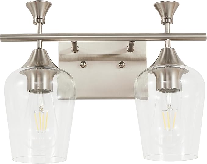 Bathroom Light Fixtures (2-Light, 14 Inch), Brushed Nickel Vanity Lights for Bathroom with Clear Wine Glass Glass Shade, Modern Vanity Wall Lights for Mirror Bedroom Living Room Kitchen Hallway Porch