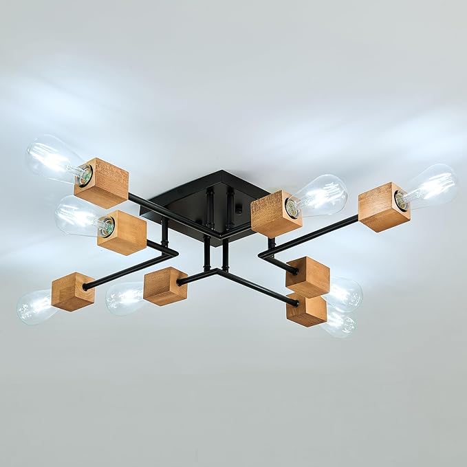 8-Light Modern Black and Wood Sputnik Chandelier Retro Matte Ceiling Light Fixture Boho Ceiling lamp for Kitchen Dining Room Living Room Bedroom Farmhouse