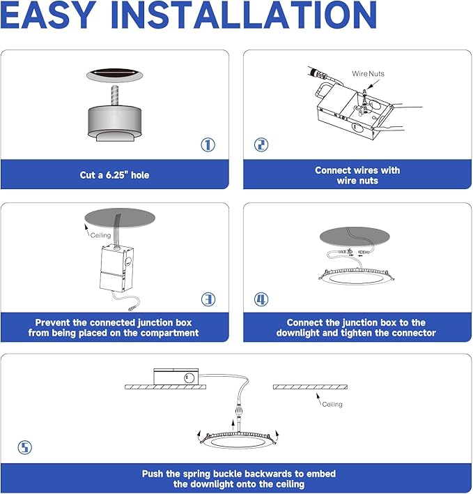 ECOELER 6 Inch Ultra-Thin LED Recessed Ceiling Light with Junction Box, 12W 4000K Cool White, 1100Lm High Brightness, Dimmable Canless Wafer Downlight, ETL&FCC Listed, 6 Pack