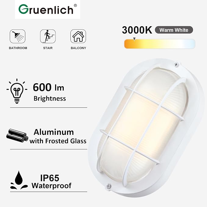 GRUENLICH LED Bulkhead Light Fixture, Aluminum Outdoor Wall Lantern, 8.5" | Oval Exterior Porch Light Wall Sconce for House Walkway Nautical Sauna, Dimmable 6W 600 Lumen, Glass, 3000K, White, 2 Pack