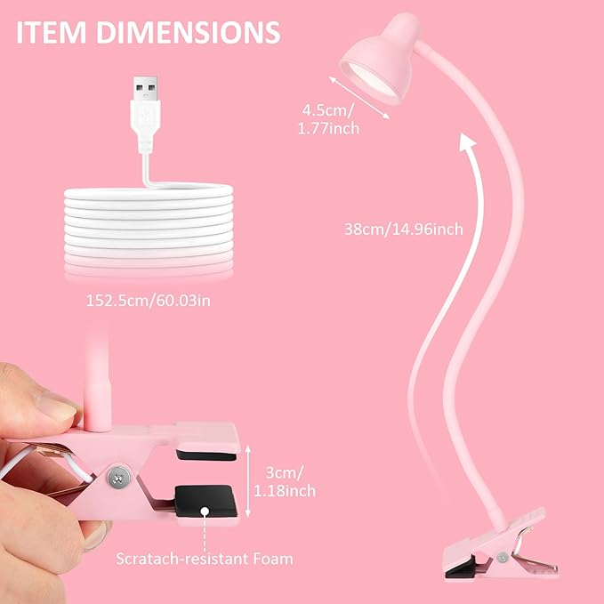 Pink Small Desk Lamp Clip on Reading Light for Bed 3 Colors | 10 Brightness Dimmable Flexible Gooseneck Clip on Light for Bed Headboard College Dorm Room