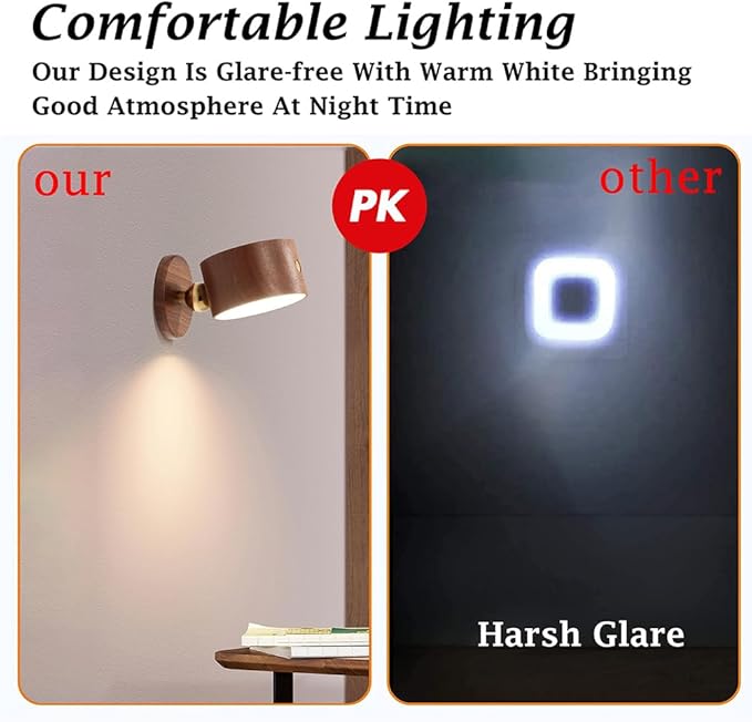 LANDGOO Sapele Wood Wall Sconces Bedside Lamp 2 Pack - Rechargeable Magnetic 360° Dimmable Lights for Hallway & Walk-in Closet (Cordless No Wiring Needed)