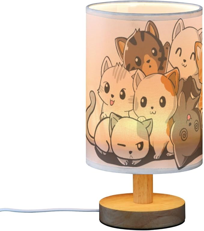 Table Lamp Cute Cartoon Cat Kitten Kitty Nightstand Lamp with Wood Base Fabric Lamp Shade Bedside Desk Lamp for Living Room Bedroom Kids Room Office