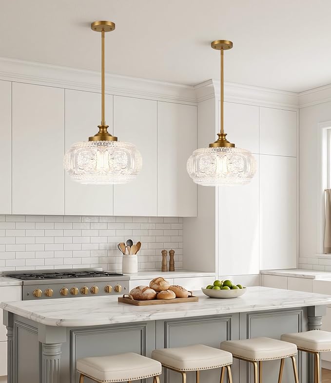 Large Gold Pendant Lights Kitchen Island, Flush Ceiling Light | 12 inch, Clear Glass Shade, Vintage Pendant Light, Adjustable Hanging Light for Kitchen Island Bedroom Hallway Bathroom