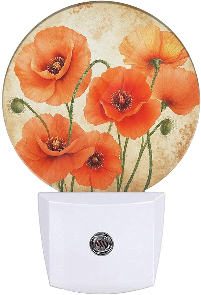 EKOBLA Poppy Flower Night Light, Vintage Red Orange Floral Night Lights Plug Into Wall with Dusk to Dawn Sensor for Hallway
