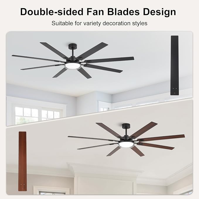 80 Inch Ceiling Fans with Lights and Remote,Living Room Office Library Cafe Outdoor, 5CCT Dimmable, Dual Color 8 Blades, 6 Speed Reversible Quiet DC Motor, Dual-Layer Shade, Black/Wood Grain