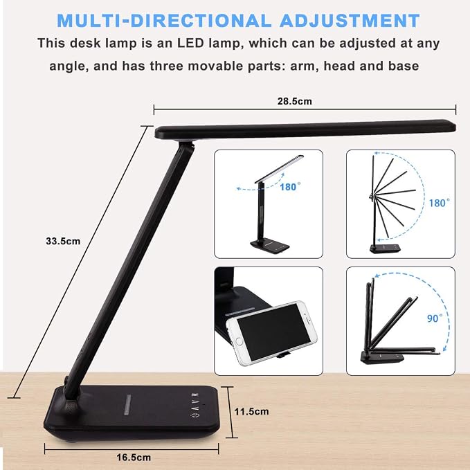 LED Desk Lamp with Wireless Charger, Suitable for Home, Office Dimmable, with USB Charging Port, Built-in Clock, Calendar, Thermometer and Automatic Timing Reading Desk Lamp.