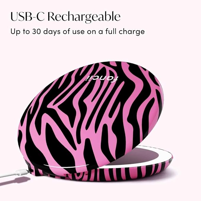 Fancii Taylor LED Lighted Travel Makeup Mirror, Rechargeable, 10x /1x Magnifying, Tru-Glow Lighting System, XL Large 5” Wide | Compact Mirror for Purses (Hot Pink Safari)